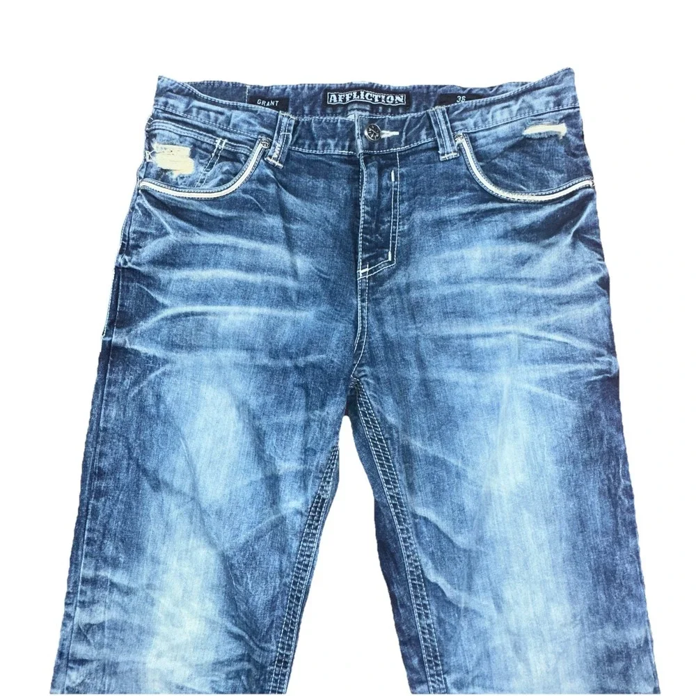 Affliction Grant Men's Jeans 36x32 Blue Distressed Straight Fit Street wear